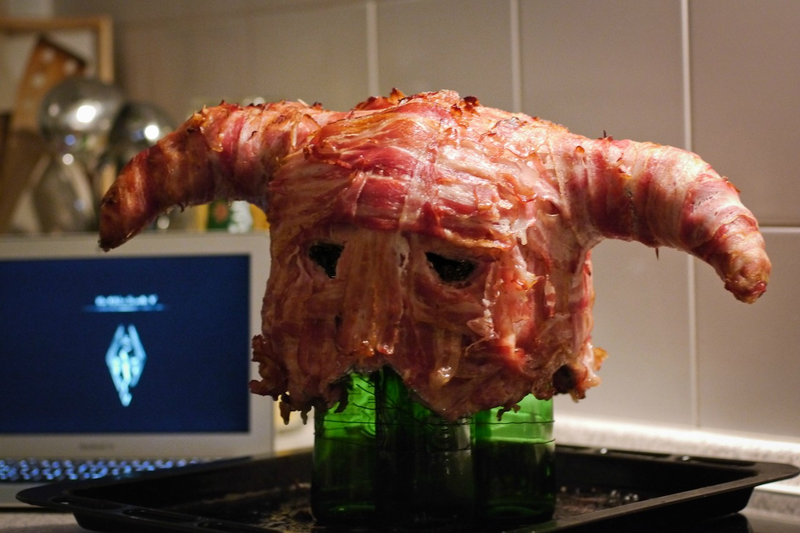 Illustration for article titled A Skyrim Helmet Made of Bacon. Shout "Delicious".